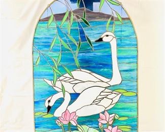 Large Stained Glass Piece with Swans 20.5" x 29" Tall ~ Chains to Hang are Attached