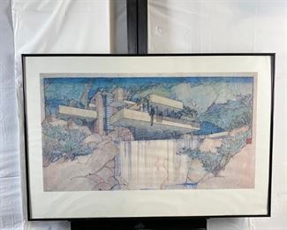  Large Lithograph Shows Frank Lloyd Wright's "Falling Water" Kaufman House PA. 1935 ~ 36" x 24" Framed