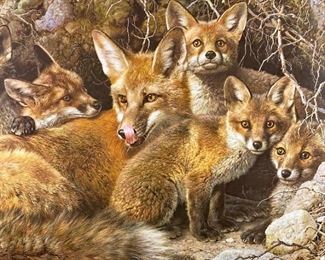  Large Gorgeous Limited Edition Lithograph Signed by Artist Carl Brenders "Full-House- Fox Family" 37" x 28"