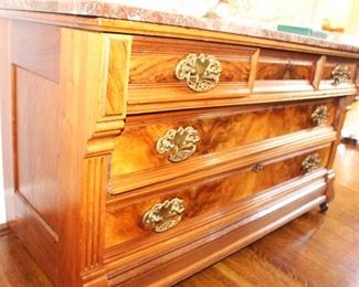 Burl wood marble top dresser/server  with beautiful pulls. BUY IT NOW! $275.00.                                                      54" W x 23" D x 30" H.      