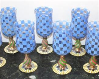 Eight Mackenzie Childs Blue Check Wine/ Water Glasses. $475.00.