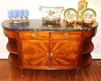 Gorgeous marble top, inlaid wood server/buffet.          BUY IT NOW! $650.00.        23" D x 66 1/2" W x 36" H.          NOTE:  We now only have one of the two cabinet plates.  One has been broken.  Tears were shed.      