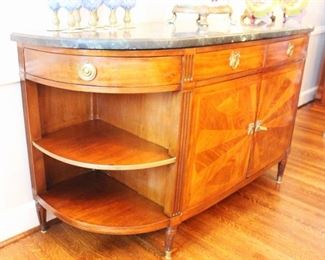 Love the front of this unique piece!                            
Gorgeous marble top, inlaid wood server/buffet.          BUY IT NOW! $650.00.        23" D x 66 1/2" W x 36" H.                                               
