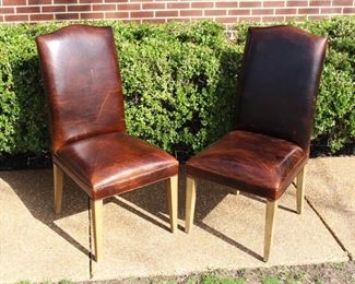 Restoration Hardware leather chairs. We have EIGHT chairs. Aniline dyed Tobacco color leather.                   
BUY IT NOW! $1,600.00.                                                                                                                 18" W x 42" H x 26" D. 