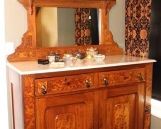 Victorian Era burled walnut mirrored dresser with marble top.  Please note, though you can't see it in this picture, the left door has a split in it.   54W x 22D x93H        Height of base without mirror is 42 inches.                                         BUY IT NOW!  $375.00  