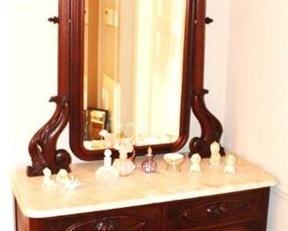 Gorgeous southern walnut marble top dresser with hand carved pulls.  BUY IT NOW!    $650.00.                                                                                  Base is 40" W x 21" D x 32" H. Mirror is 56 1/2" H.              