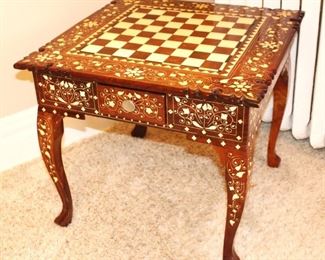 Inlay Chess table. 23" x 23" x 21"H.  $125.00.