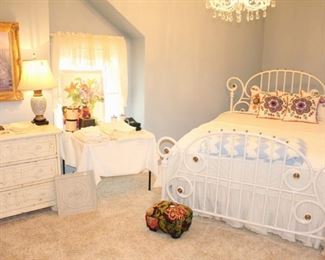 Fabulous white iron and brass bed, beautiful painting and linens.  The dresser in this room is not for sale.  