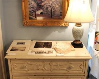 Gorgeous blue and white lamp, etchings, linens and beautifully framed painting.  The dresser is to be moved at a later date to client's new home.  