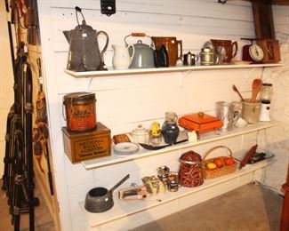 Variety of antique and vintage kitchen items.  Such a fun collection.