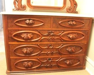 Gorgeous southern walnut marble top dresser with hand carved pulls.  BUY IT NOW!    $650.00.                                                                                  Base is 40" W x 21" D x 32" H. Mirror is 56 1/2" H.