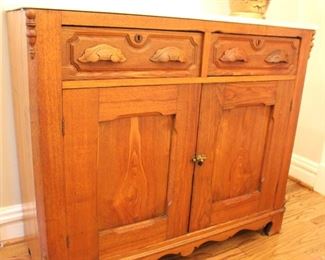 Oak marble top cabinet.  BUY IT NOW! $295.00.               48" W X 18 1/2" D X 40 1/2" H.
