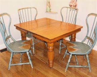 Four Windsor back  Hooker "SIDE" chairs.                         BUY IT NOW! $1000.00.                                                         
Oak Table, with 10-8" leaves, 42" W x 42" L x 30" H.              BUY IT NOW!   $375.00.
