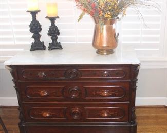 Beautiful marble top walnut dresser/server with hand carved pulls-Gorgeous southern piece.                                    23 1/2" D x 46 1/2" W x 34" H.                                            
BUY IT NOW! $575.00