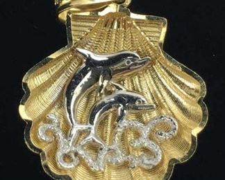 14K Yellow/White Gold Shell w/ Dolphins Charm/Pend