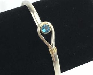 925 Silver Blue Stone Bangle Bracelet w/ 14K