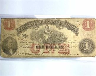 1862 Virginia $1 Treasury Note, Richmond, Fine