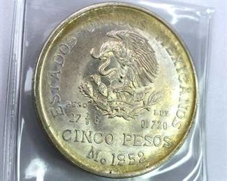 1952 Mexico Silver 5 Pesos, Rainbow Tone BU