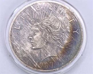 1987 Peace Style Retro 1oz Silver Rainbow Toned
