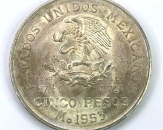 1953 Mexico Silver 5 Peso Coin AU+ Nice Luster