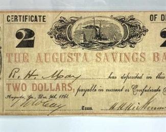 1861 Certificate of Deposit $2, The Augusta Saving