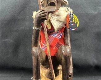 African Hunter Carving w/ Fur & Beads