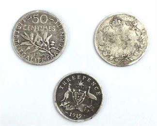 Silver 1919 G.B. 3 Pence & 1916 50 Centimes, G.B.