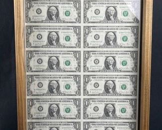 Framed Uncut $1 Bill Sheet Series 1981