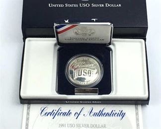 1991 Proof USO Silver Dollar, 50th Anniversary