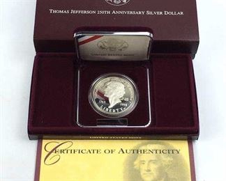 1993 Proof Thomas Jefferson 250th Silver Dollar