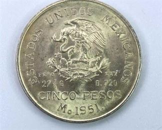 1951 BU Mexico Silver 5 Pesos, Nice Luster