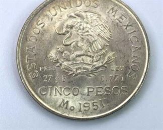 1951 BU Mexico Silver 5 Pesos, Nice Luster