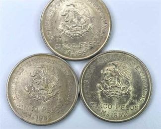 (3) 1952 Mexico Silver 5 Pesos, AU to BU Luster