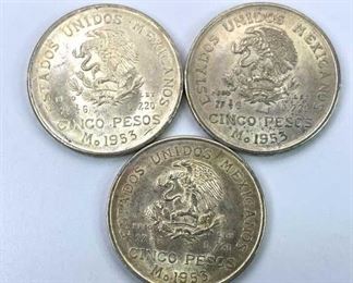 (3) 1953 Mexico Silver 5 Pesos, AU to BU Luster