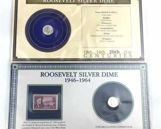 (2) 1964 AU Roosevelt Silver Dimes +1945 Stamp