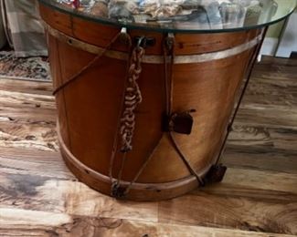 Antique drum table with glass top made by Albert E S Ayers from Providence RI. Rare find!
