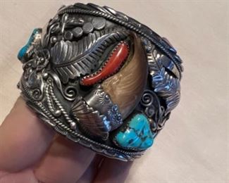 Stunning mens cuff bracelet, Navajo sterling silver, turquoise, coral, bear claw, signed by Robt Kelley, total weight 75grams