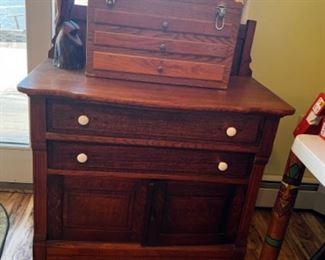 Antique washstand, with machinist tool chest on top.