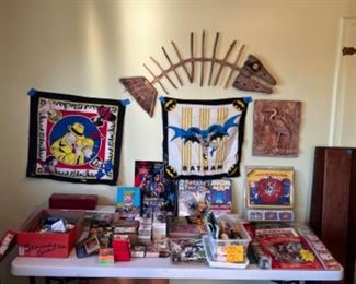 Comics, baseball cards- some in unopened box sets, Hottest Player sets unopened, NASCAR collector series cards, Looney Tunes comic set, Batman Robin paper doll set, 1993 Superman set unopened, Avenger west coast 1991 set unopened, 1992 Olympic card sealed box set, misc individual comics.