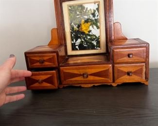 Tabletop shaving mirror with drawers. Mirror no longer part of it but photo or mirror can be added.