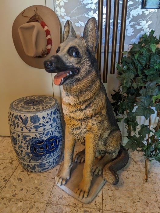 LIFE SIZE CONCRETE GERMAN SHEPHERD, BLUE ONION GARDEN BENCH