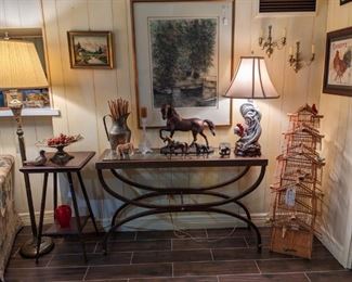 METAL & GLASS SOFA TABLE...VINTAGE METAL HORSES...FLOOR LAMP....ROOSTER LAMP