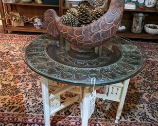 ANTIQUE TRAVELING BRASS ZODIAC TABLE with FOLDING STAND, TERRA COTTA ROOSTER PLANTER