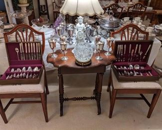 ANTIQUE WALNUT LAMP TABLE with DRAWER, S/P FLATWARE SETS, ORIENTAL LAMP, S/P GOBLETS