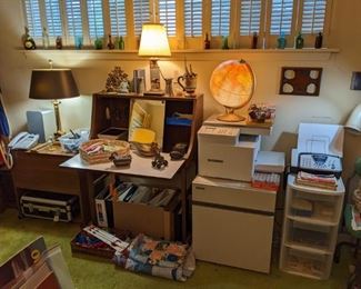 WORLD GLOBE, PRINTER, DESK, FILE CABINETS