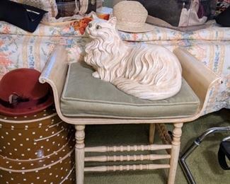 VINTAGE HATS & PURSES...ANTIQUE VANTITY BENCH with SLEIGH ARMS