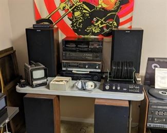 VINTAGE JENSEN SPEAKERS, TECKNICS RECEIVER, HAFLER AMPLIFIER, YAMAHA TUNER, PANASONIC CASSETTE PLAYER & PORTABLE TV, ORIGINAL 1970's PSYCHEDELIC PETER FONDA  MOTORCYCLE POSTER 