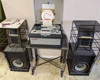 VINTAGE JANSZEN ZVS ELECTOSTATIC SPEAKERS with ORIGINAL METAL STANDS...VINTAGE VOICE OF MUSIC REEL TO REEL on VINTAGE TYPEWRITER TABLE