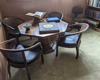 CENTURY FUNITURE MCM  ADJUSTABLE HEIGHT GAME TABLE with 4 CANE BARREL BACK LEATHER SEATED CHAIRS  