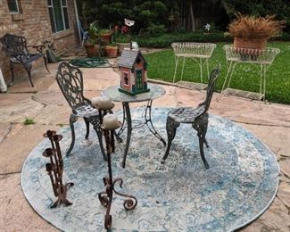 OUTDOOR TABLE & 2 CHAIRS...IRON CANDLE STANDS, IRON PLANTER STANDS